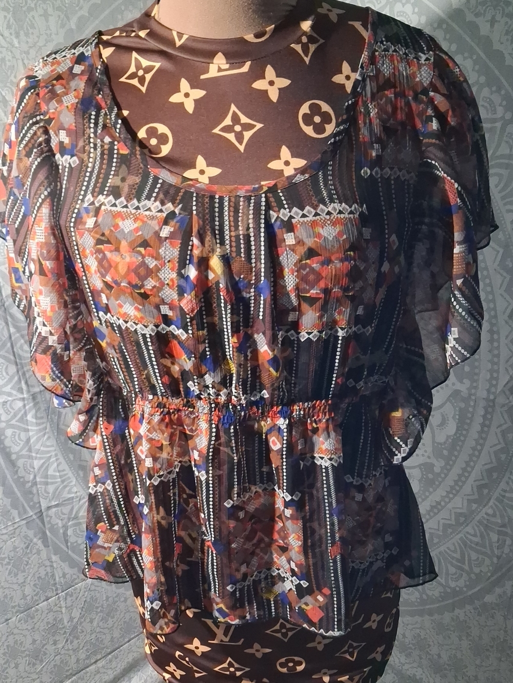 Fire Los Angeles Sheer Brown Multi-Print Flutter Blouse